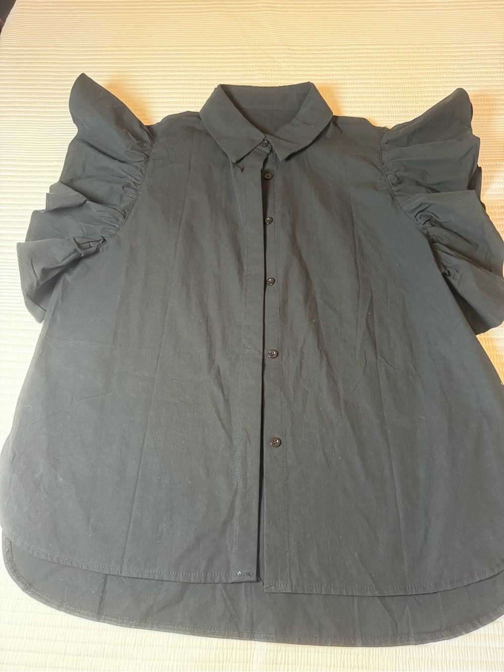 Black Ruffle Sleeve Button-Down Blouse